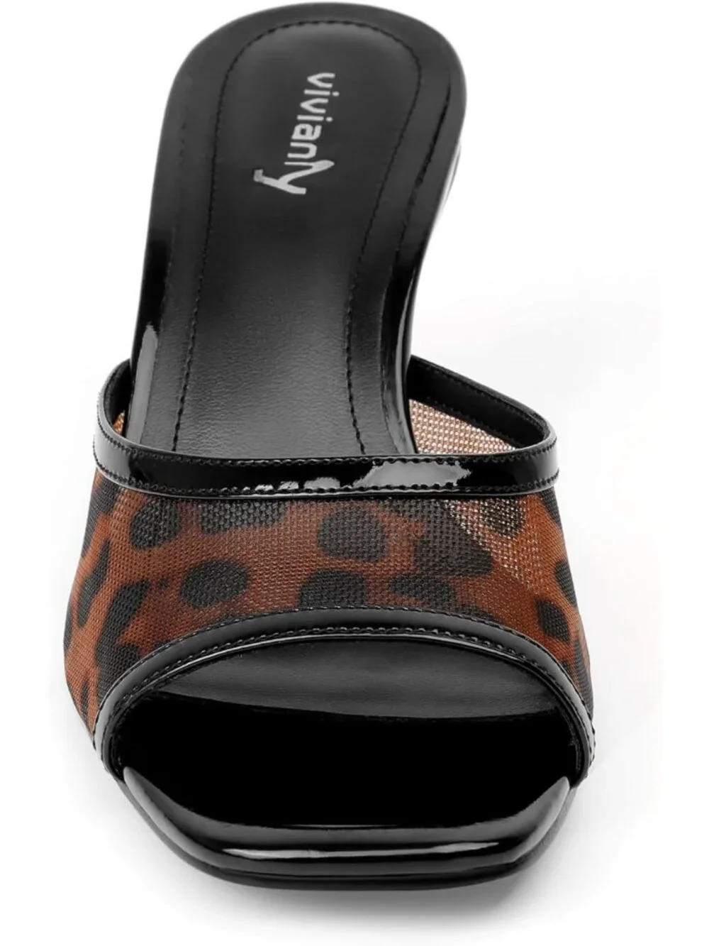 Women's Black Leopard Square Open Toe Slip on Heeled Slides Sexy Mules Sandals